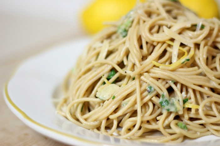 garlic lemon parmesan cheese spaghetti pasta, whole grain, light and healthy