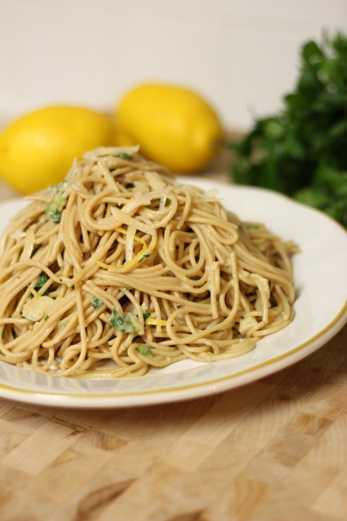 garlic lemon parmesan cheese spaghetti pasta, whole grain, light and healthy