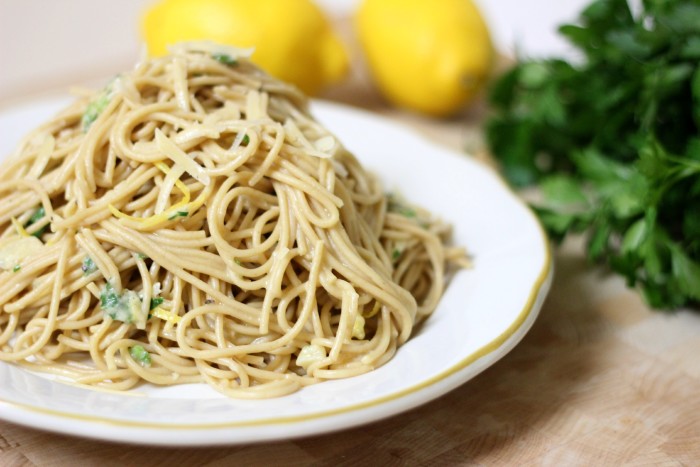 garlic lemon parmesan cheese spaghetti pasta, whole grain, light and healthy