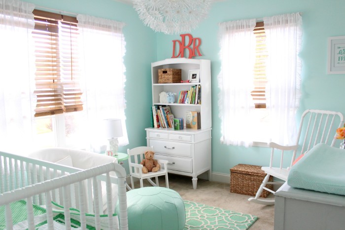 spring green, aqua, and peach gender neutral nursery decor