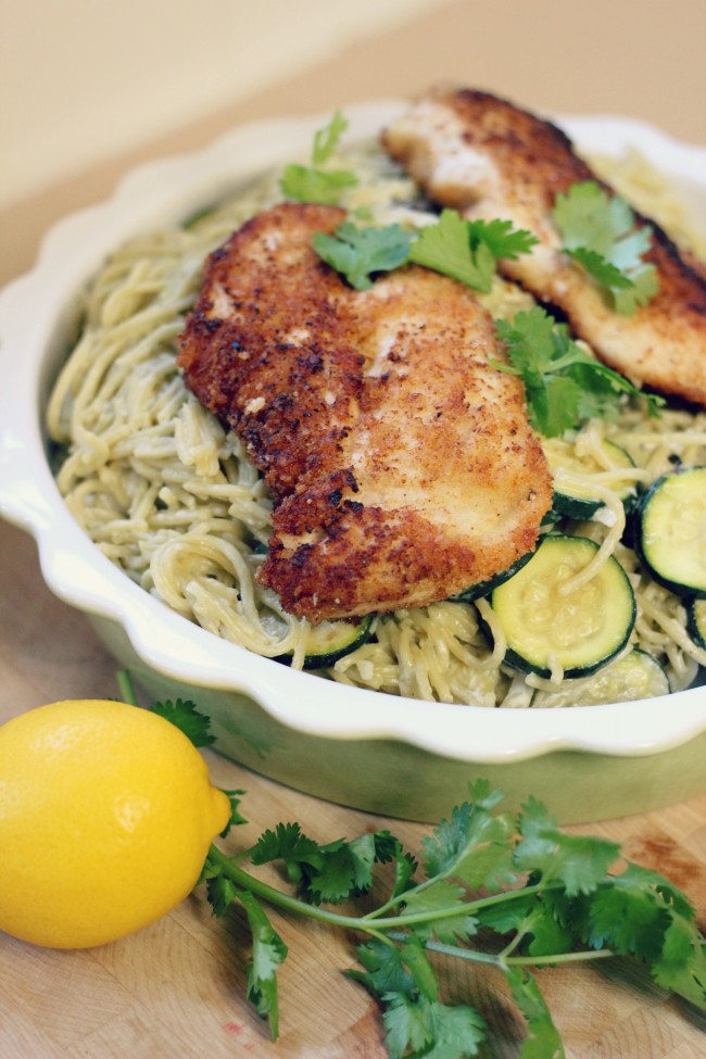 Parmesan-Crusted Crispy Chicken with Creamy Lemon Zucchini and Pasta