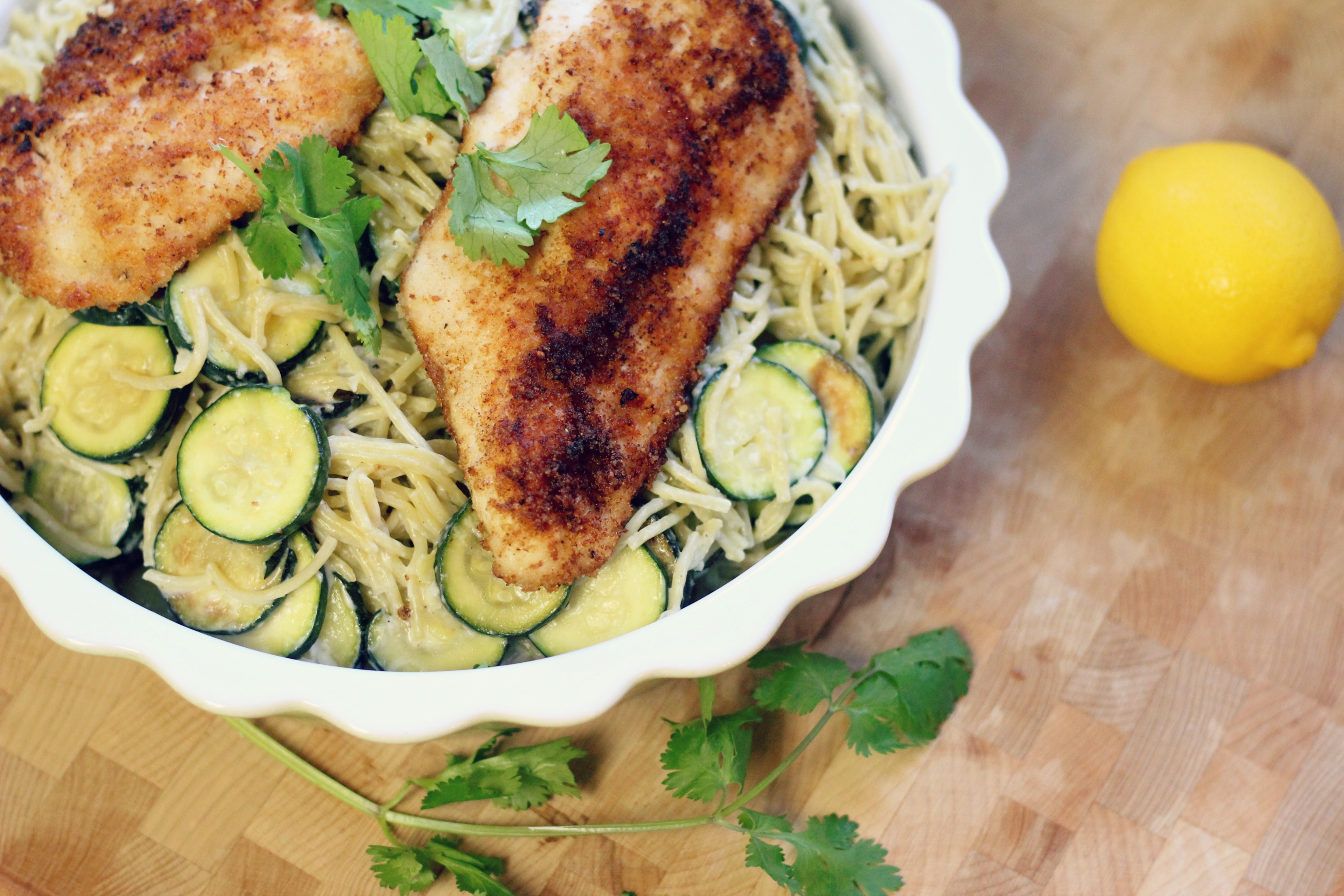 Crispy Chicken with Creamy Lemon Zucchini Pasta