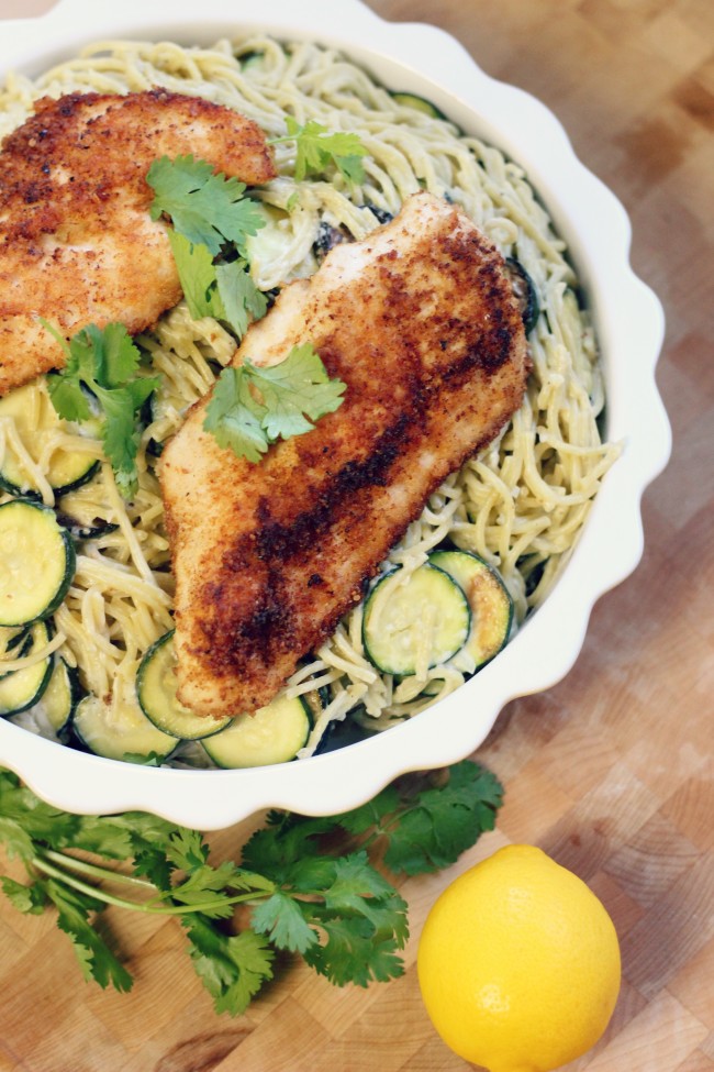 Parmesan-Crusted Crispy Chicken with Creamy Lemon Zucchini and Pasta