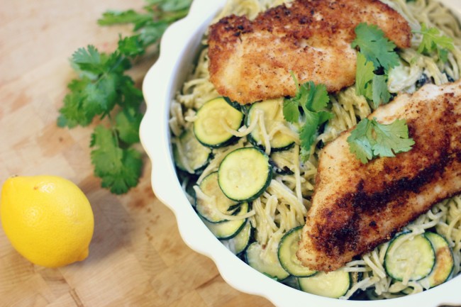 Parmesan-Crusted Crispy Chicken with Creamy Lemon Zucchini and Pasta